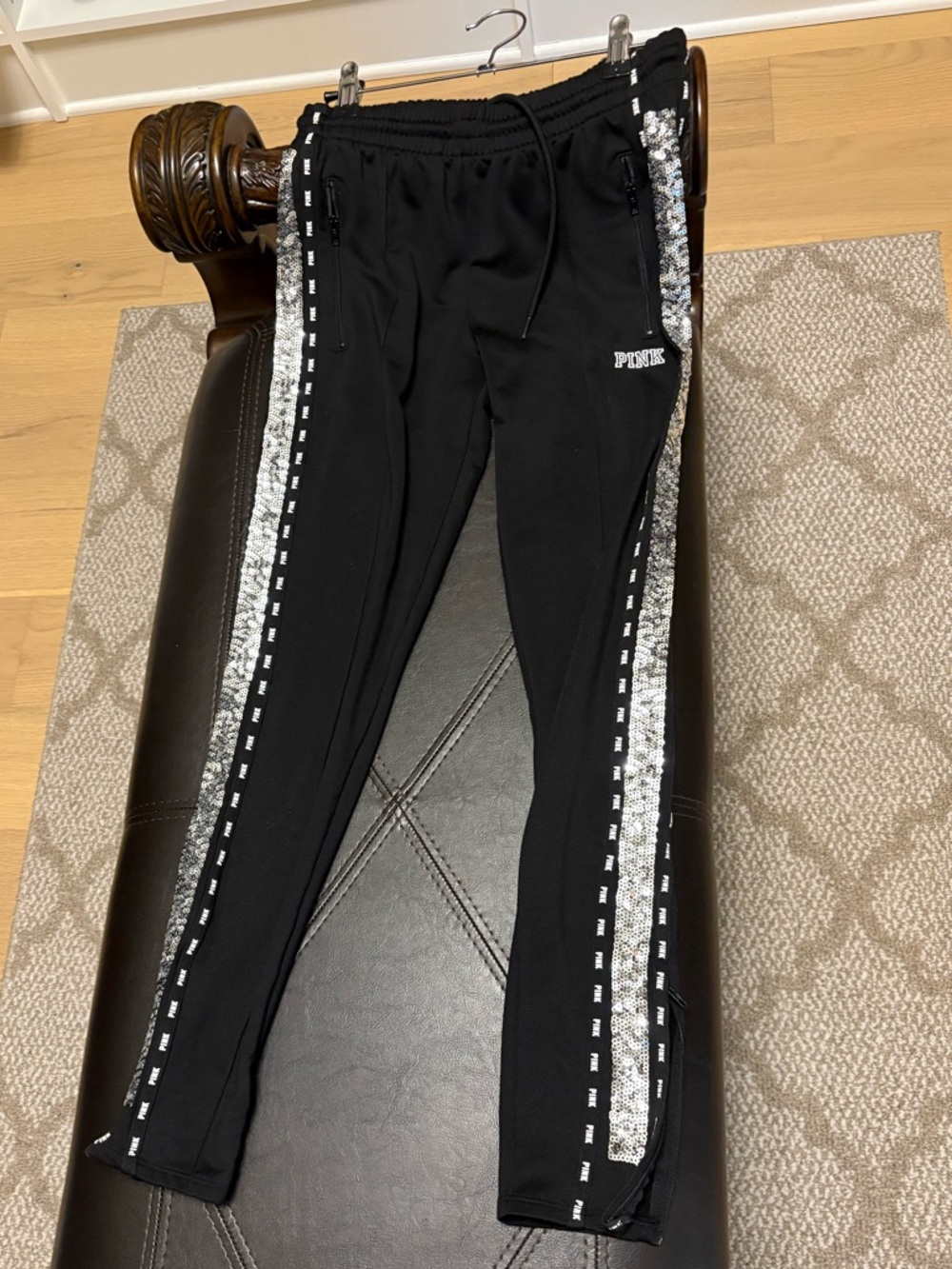 PINK Victoria's Secret Black Joggers with Silver Sequin Side Stripes
